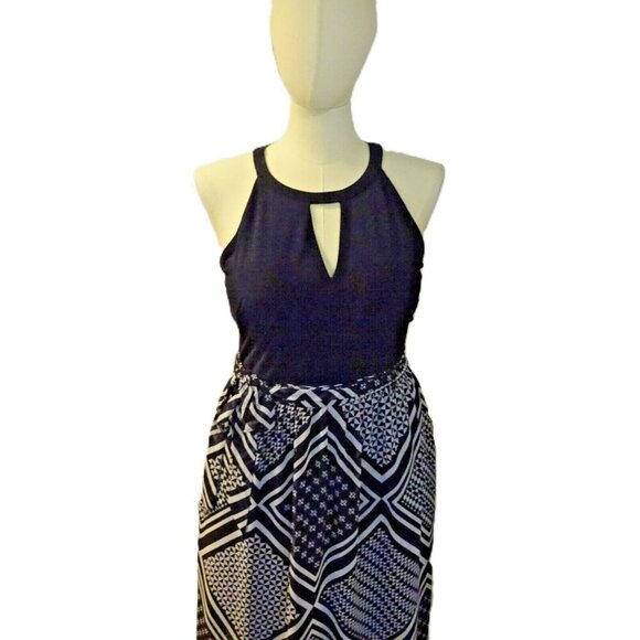 Vince Camuto Size 14 Navy and White Polyester Halter Style Belted Maxi Dress - Picture 1 of 10